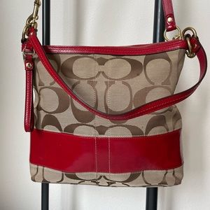 Coach bag.  12” x 11”, long and short straps.  Long one can be taken off.